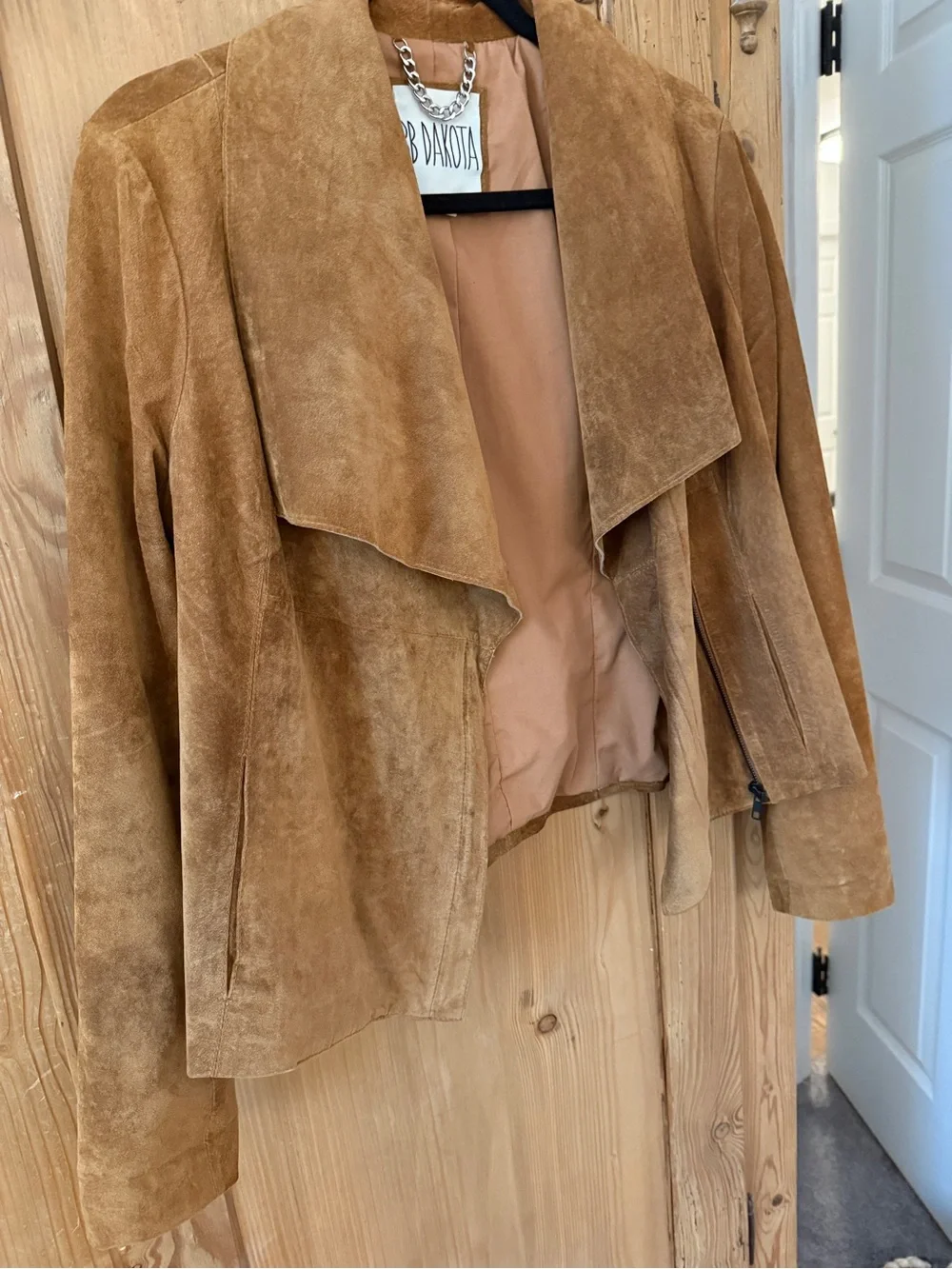 BB Dakota Suede Draped Open-Front Jacket in Camel Brown